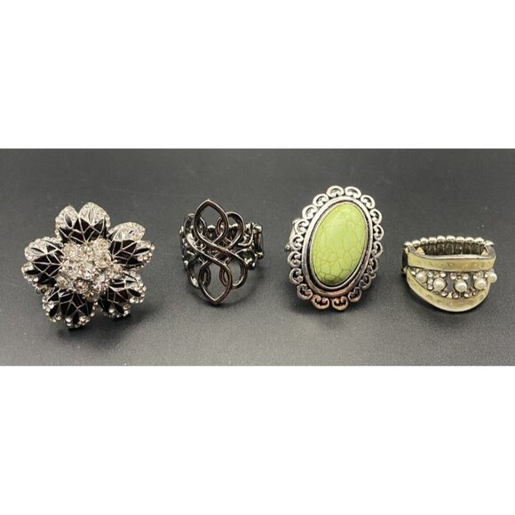 Fashion Jewelry Jewelry - Lot of 4 Stretch Rings Faux Gemstones Pearls  Rhinestone Flower Silver Tone Boho